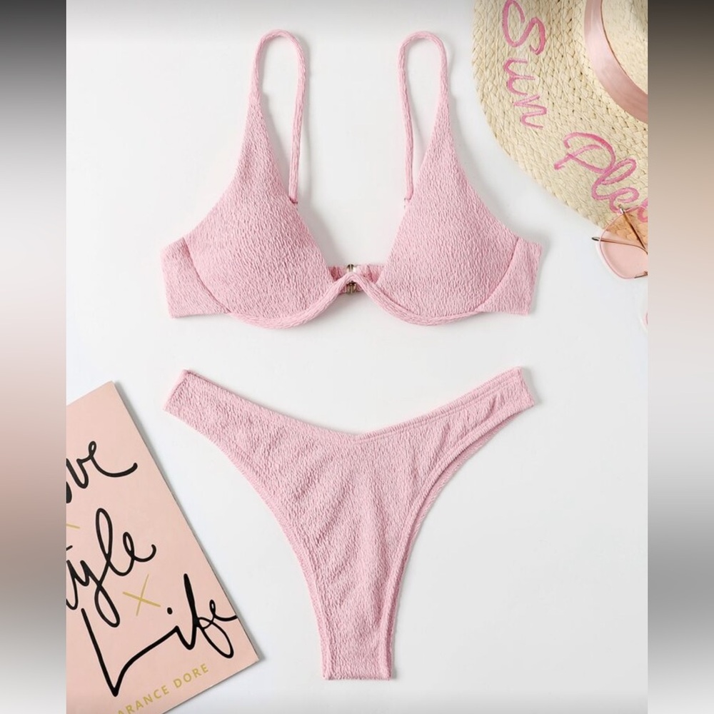 SHEIN - Swim Mod Summer Beach High Cut Underwire Bikini - Baby Pink - Size M